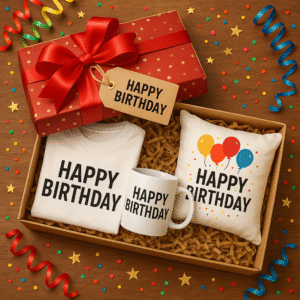 Birthday Combo Pack – Customized Mugs, T-Shirts & Cushion in Premium Gift Box